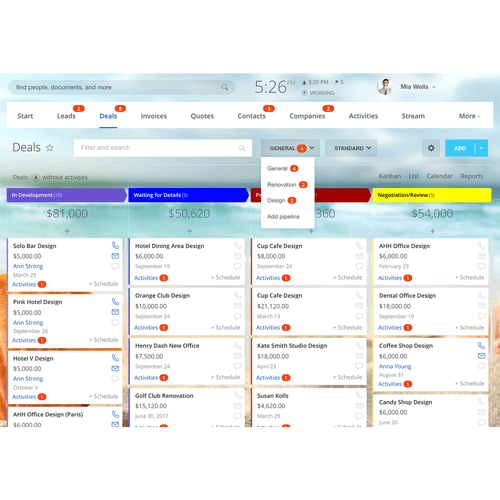The Bitrix24 CRM feature showing many different deals with different companies